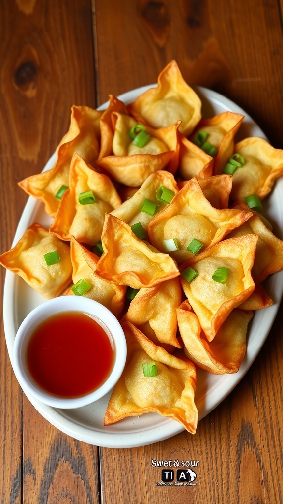 Crispy Wonton Wrapper Appetizers A colorful platter of crispy wonton appetizers with dipping sauce and garnished with green onions.